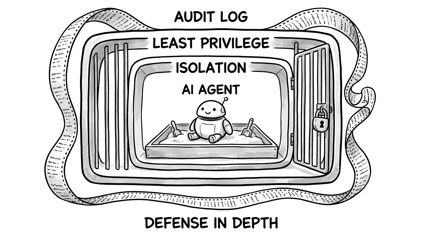 Безопасность Agent'а — это defense in depth: изоляция решает, что он может делать; least privilege ограничивает, до чего он может дотронуться; логирование гарантирует, что инцидент можно проследить до источника