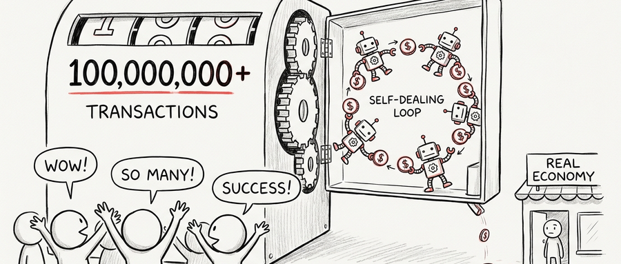 Cover: a giant counter flashing "100M+ TRANSACTIONS" while a crowd cheers; the back panel is flipped open, revealing a few robots passing the same coins back and forth, with only a thin trickle actually reaching a real merchant