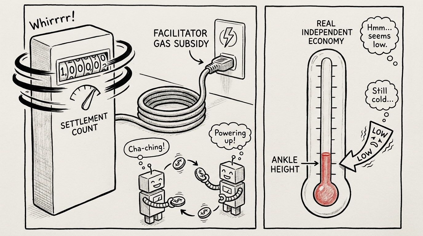 Illustration: a "settlement count" counter spinning wildly, next to a "real independent economy" thermometer whose mercury reaches only ankle height; the counter's power cord plugs into the facilitator's gas subsidy, while a couple of robots circle it paying themselves