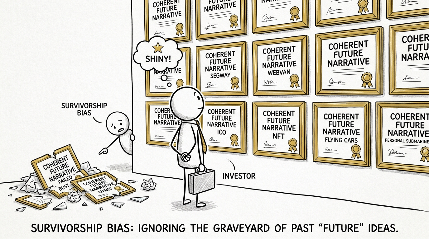 Illustration: a wall covered with gold-framed award certificates reading "Coherent Story About the Future" (Segway, Webvan, Metaverse, ICO, NFT); on the floor in the corner, a heap of the same certificates in ruins; an investor stares only at the wall, oblivious to the pile below